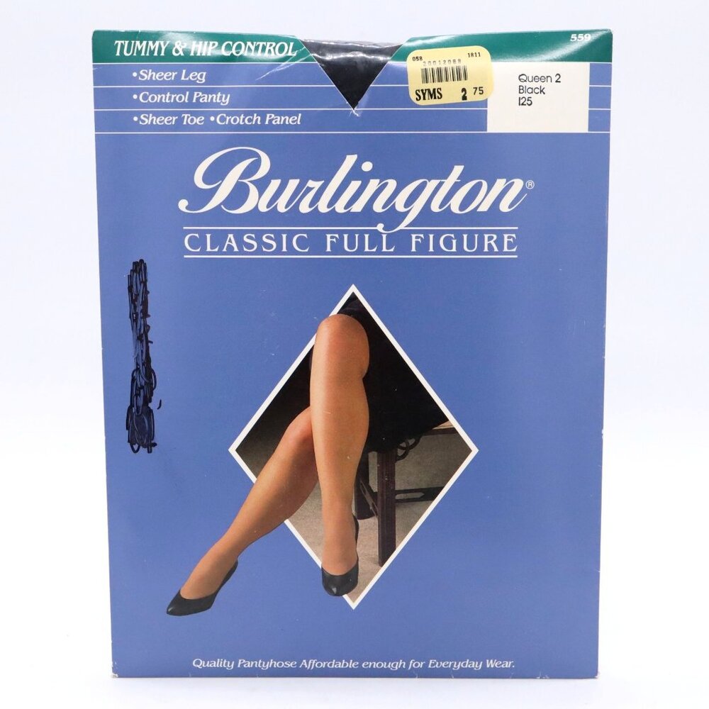 Burlington Classic Full Figure Black Pantyhose Sz Queen Control Panty Sheer Toe